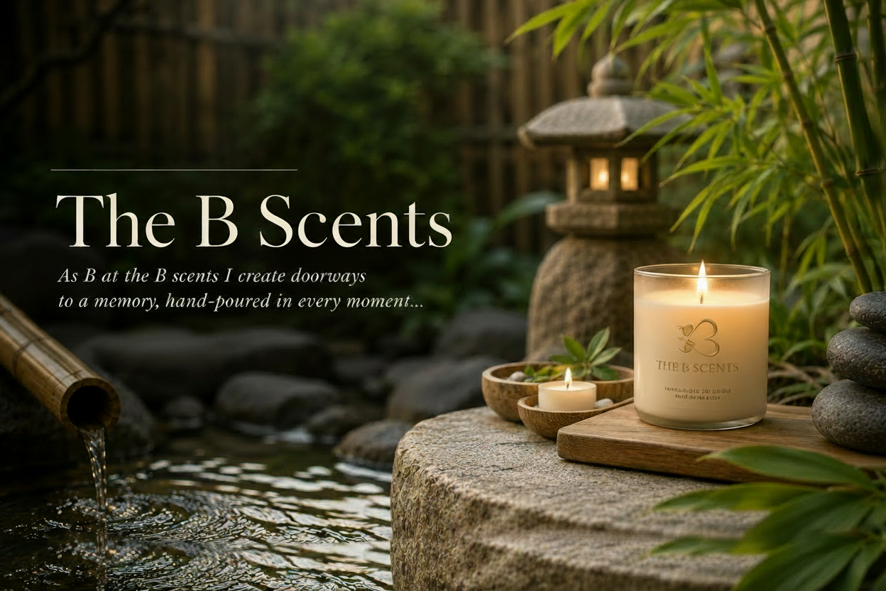 Candle with 'The B Scents' branding on a stone surface near water and plants, with a dark background.